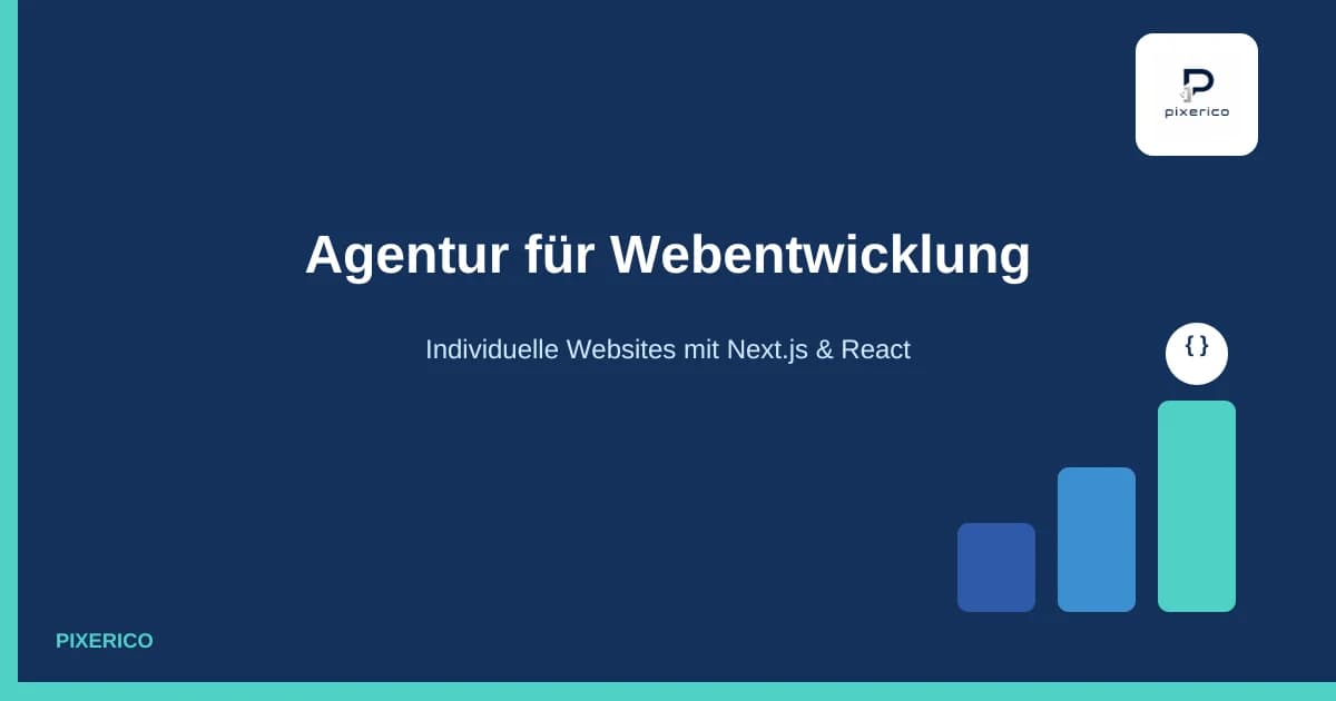 Agentur für Webentwicklung: Next.js- und React-Icon mit ansteigenden Balken auf pixerico-Blau